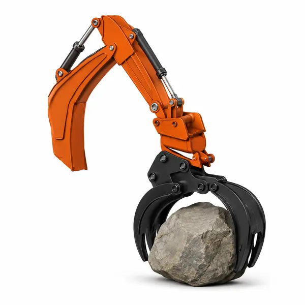Excavator hydraulic rock grabber gripping a large rock